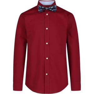 Tommy Hilfiger Boys’ Long Sleeve Dress Shirt with Bow Tie, Collared Button-Down with Cuff Sleeves(Rhubarb)