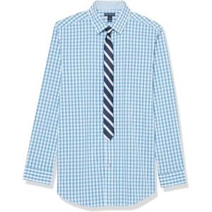 Tommy Hilfiger Boys Long Sleeve Dress Shirt with Straight Tie, Collared Button-Down with Cuff Sleeves(Dragonfly/Gingham)