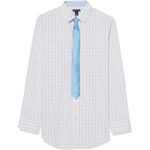 Tommy Hilfiger Boys Long Sleeve Dress Shirt with Straight Tie, Collared Button-Down with Cuff Sleeves(Prism Pink/Plaid)