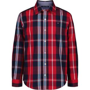 Tommy Hilfiger Boys’ Long Sleeve Woven Button-down Shirt, Lightweight & Breathable(Scarlet Sage Exploded Plaid)