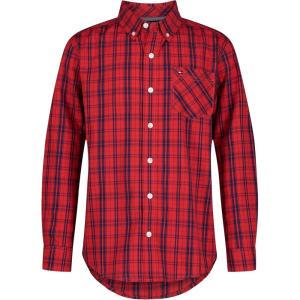Tommy Hilfiger Boys’ Long Sleeve Woven Button-down Shirt, Lightweight & Breathable(Tommy Red Windowpane)