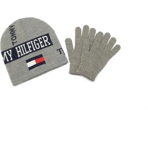 Tommy Hilfiger Boy’s Reversible Logo Mix Beanie and Glove Set(Medium Grey Heather)