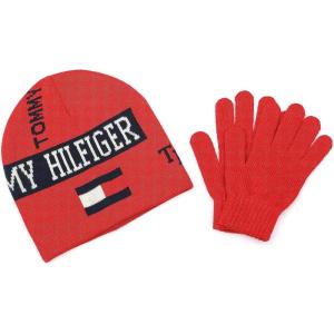 Tommy Hilfiger Boy’s Reversible Logo Mix Beanie and Glove Set(Primary Red Multi)