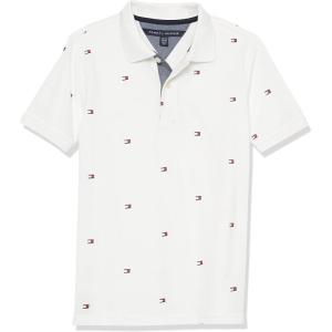 Tommy Hilfiger Boys’ Short Sleeve Fashion Polo Shirt, Button Closure, Soft & Comfortable(Bright White Flag Print)