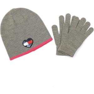 Tommy Hilfiger Girl’s Sequin Heart Beanie and Glove Set(Medium Grey Heather)