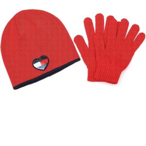 Tommy Hilfiger Girl’s Sequin Heart Beanie and Glove Set(Primary Red/Navy Blazer)