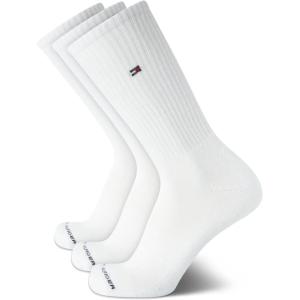 Tommy Hilfiger Mens Crew Socks – 3 Pack Cotton Blend Cushioned Athletic Performance Crew Length Running Socks for Men(White)