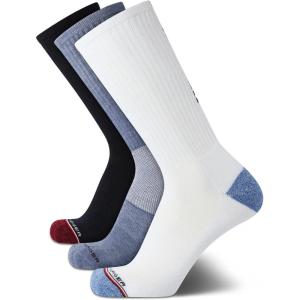 Tommy Hilfiger Mens Crew Socks – 3 Pack Cotton Blend Cushioned Athletic Performance Crew Length Running Socks for Men(White Blue Assorted)