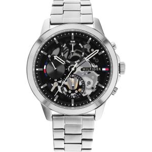 Tommy Hilfiger Men’s Dressy Watch – Quartz Multifunction, Stainless Steel Case, Skeleton Dial, Link Bracelet – Gift for Him(Silver-Black)