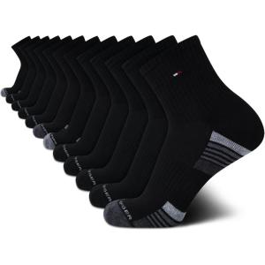 Tommy Hilfiger Mens Quarter Socks – 12 Pack Athletic Performance Cushioned Quarter Length Ankle Socks for Men for Running(Black Multi Stripes)