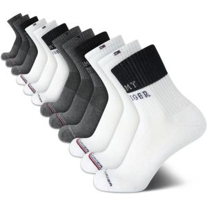 Tommy Hilfiger Mens Quarter Socks – 12 Pack Athletic Performance Cushioned Quarter Length Ankle Socks for Men for Running(White Grey)