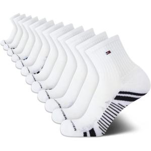 Tommy Hilfiger Mens Quarter Socks – 12 Pack Athletic Performance Cushioned Quarter Length Ankle Socks for Men for Running(White Multi)