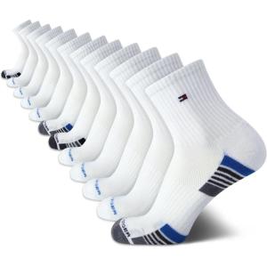 Tommy Hilfiger Mens Quarter Socks – 12 Pack Athletic Performance Cushioned Quarter Length Ankle Socks for Men for Running(White Stripes)