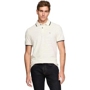 Tommy Hilfiger Mens Short Sleeve Casual Polo Shirts in Regular Fit with Stripe Designs(Ivory Petal / Desert Sky)
