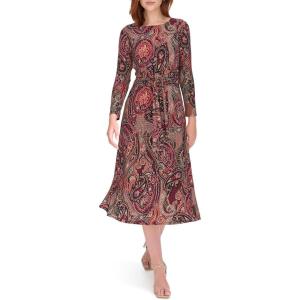 Tommy Hilfiger Women’s Balloon Sleeve Tie Neck Chiffon A-Line Midi Dress(Aubergine/Chili Pepper)