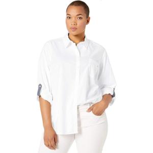 Tommy Hilfiger Womens Button Down Long Sleeve Collared Shirt with Chest Pocket(White)