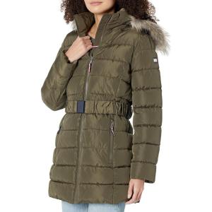 Tommy Hilfiger Women’s Fur Long Puffer Hooded Belt Jacket(Juniper)