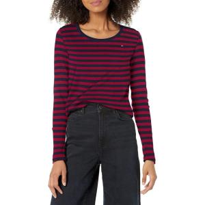 Tommy Hilfiger Womens Solid Scoop-Neck Long-Sleeve Top(Crimson/Sky Captain Stripe)