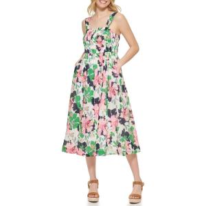Tommy Hilfiger Womens Square Neck Smocked Floral Midi Dress(Ivory/Bloom)
