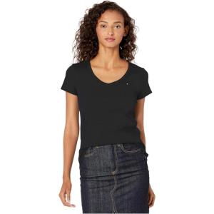 Tommy Hilfiger Womens Ss Core V-Neck Flag Tee – Solid(Black)