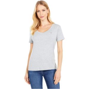 Tommy Hilfiger Womens Ss Core V-Neck Flag Tee – Solid(Stone Grey Heather)