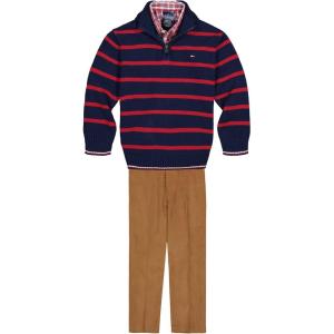 Tommy Hilfiger boys 3-piece Sweater, Dress Shirt, and Pants Set(Flag Blue Stripes)