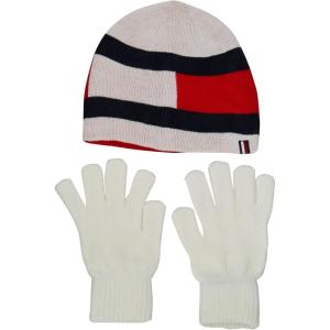 Tommy Hilfiger girls Beanie and Glove Set(White Flag)