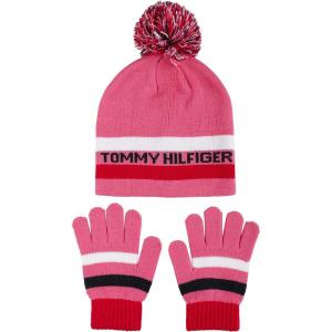 Tommy Hilfiger girls Tommy Striped Beanie and Magic Glove Set(Hot Pink)