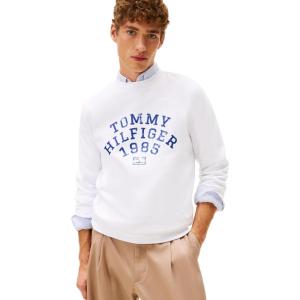 Tommy Hilfiger mens Medium Weight Cotton Crewneck Sweatshirt With Printed Arch Logo(White)