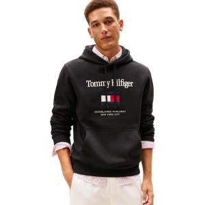 Tommy Hilfiger mens Medium Weight Cotton Hoodie Sweatshirt With Embroidered Logo(Black)