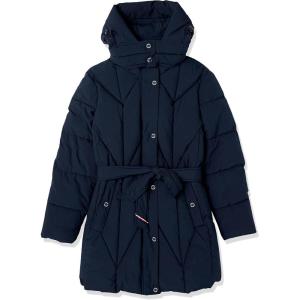 Tommy Hilfiger womens Solid Long Puffer Hooded Self Tie Belt Jacket(Navy)