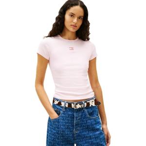Tommy Jeans Womens Graphic Tee with Embroidered Flag Detail(Light Pink)