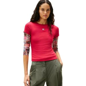 Tommy Jeans Womens Graphic Tee with Embroidered Flag Detail(Ruby Rhubarb)