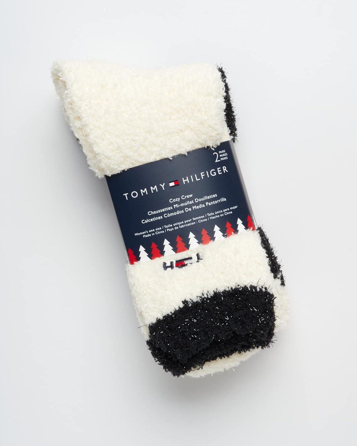 imageTommy Hilfiger Womens Crew Socks 2 Pack Super Soft Cozy Crew Socks for Women Fuzzy Long Socks for Everyday WearIvoryBlack