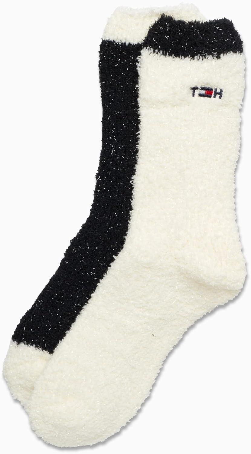imageTommy Hilfiger Womens Crew Socks 2 Pack Super Soft Cozy Crew Socks for Women Fuzzy Long Socks for Everyday WearIvoryBlack