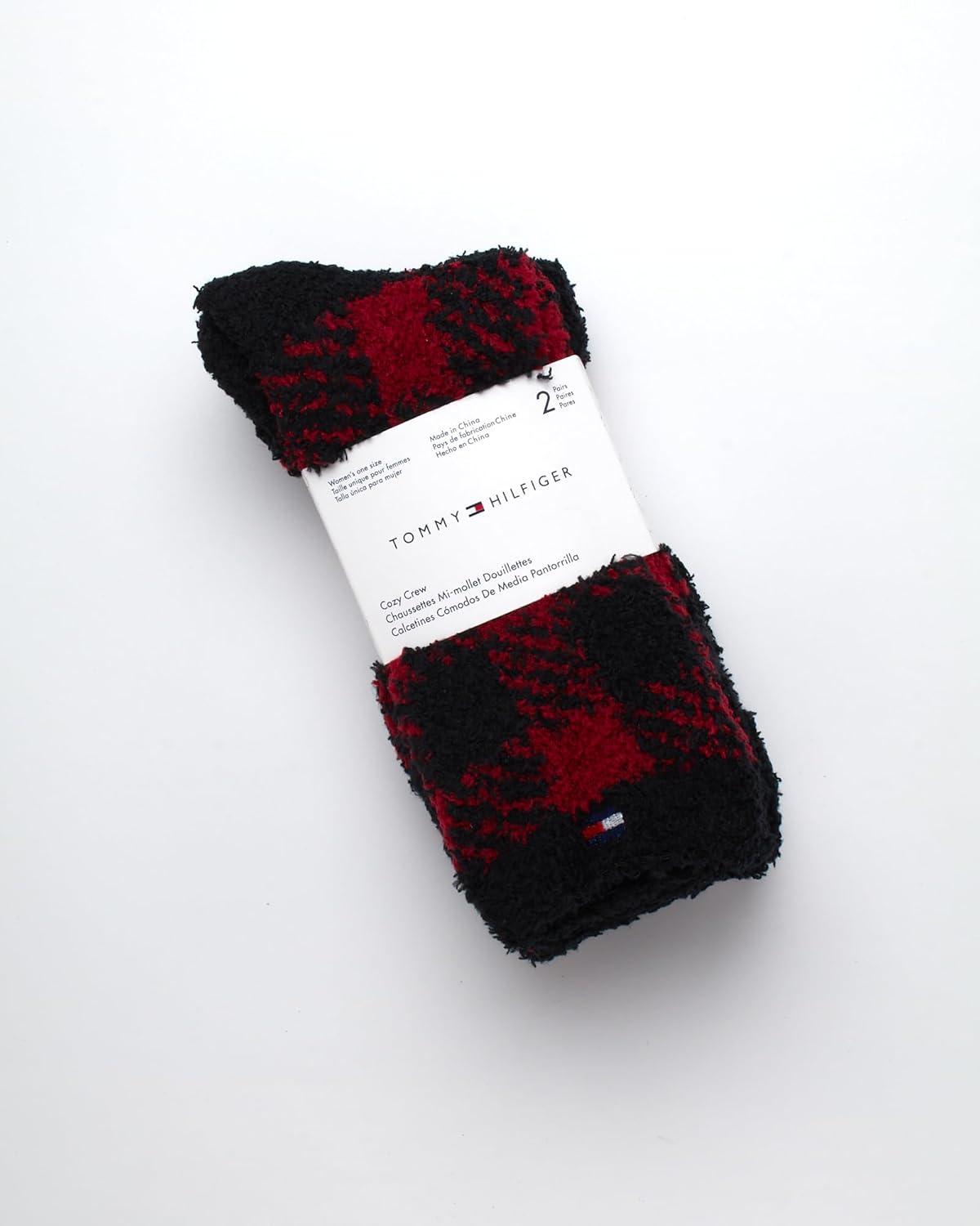 imageTommy Hilfiger Womens Crew Socks 2 Pack Super Soft Cozy Crew Socks for Women Fuzzy Long Socks for Everyday WearRed Check