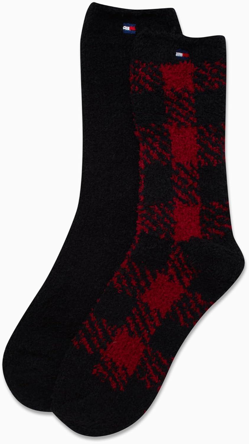 imageTommy Hilfiger Womens Crew Socks 2 Pack Super Soft Cozy Crew Socks for Women Fuzzy Long Socks for Everyday WearRed Check