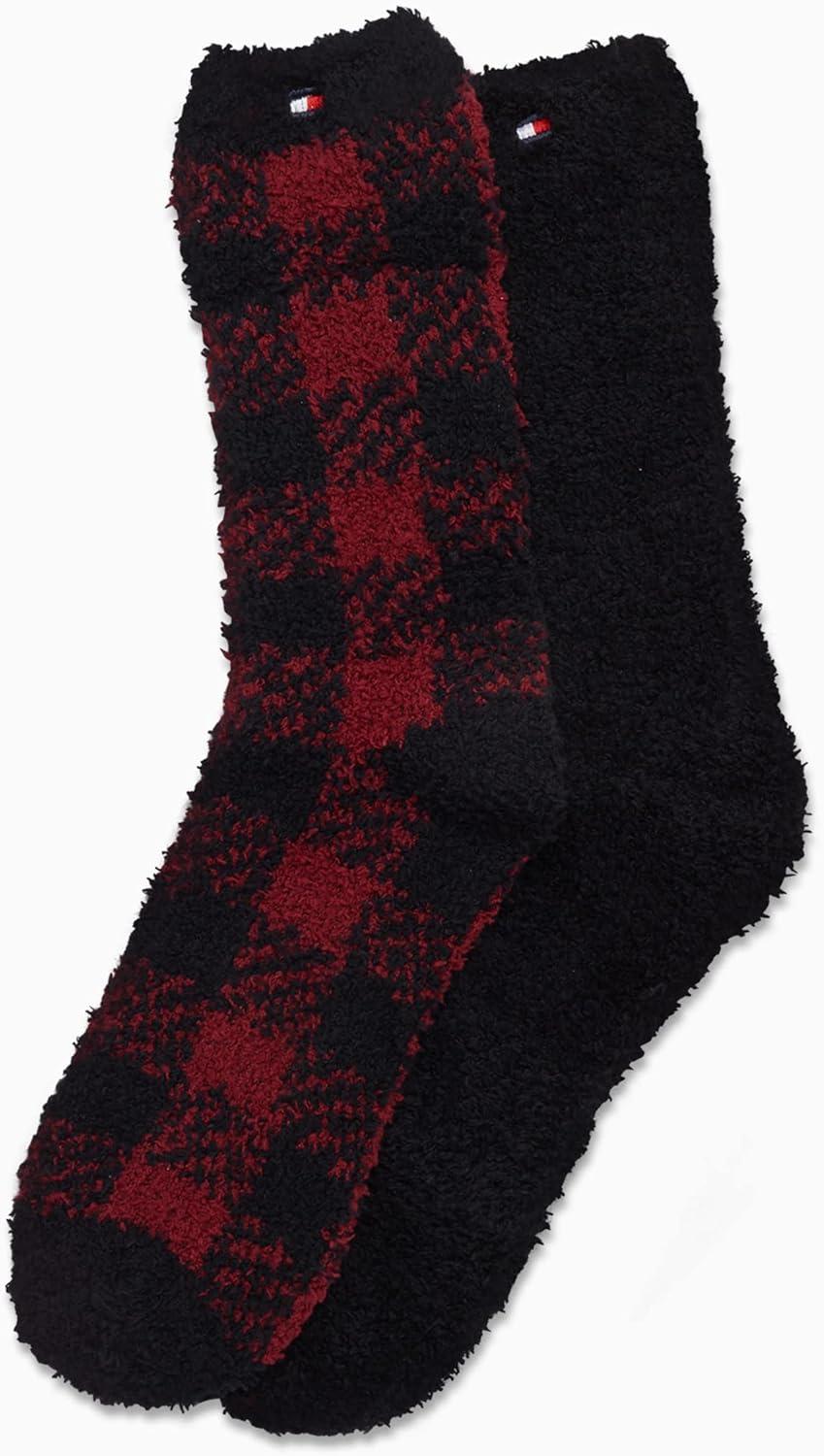 imageTommy Hilfiger Womens Crew Socks 2 Pack Super Soft Cozy Crew Socks for Women Fuzzy Long Socks for Everyday WearRedBlack