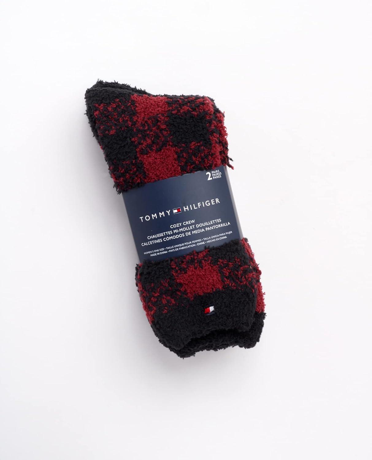 imageTommy Hilfiger Womens Crew Socks 2 Pack Super Soft Cozy Crew Socks for Women Fuzzy Long Socks for Everyday WearRedBlack