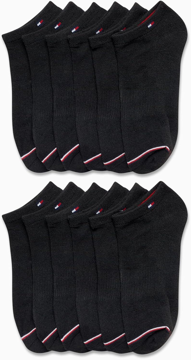 imageTommy Hilfiger Womens No Show Socks 12 Pack Lightweight Athletic Performance Cushioned Low Cut Running Socks for WomenBlack Stripe