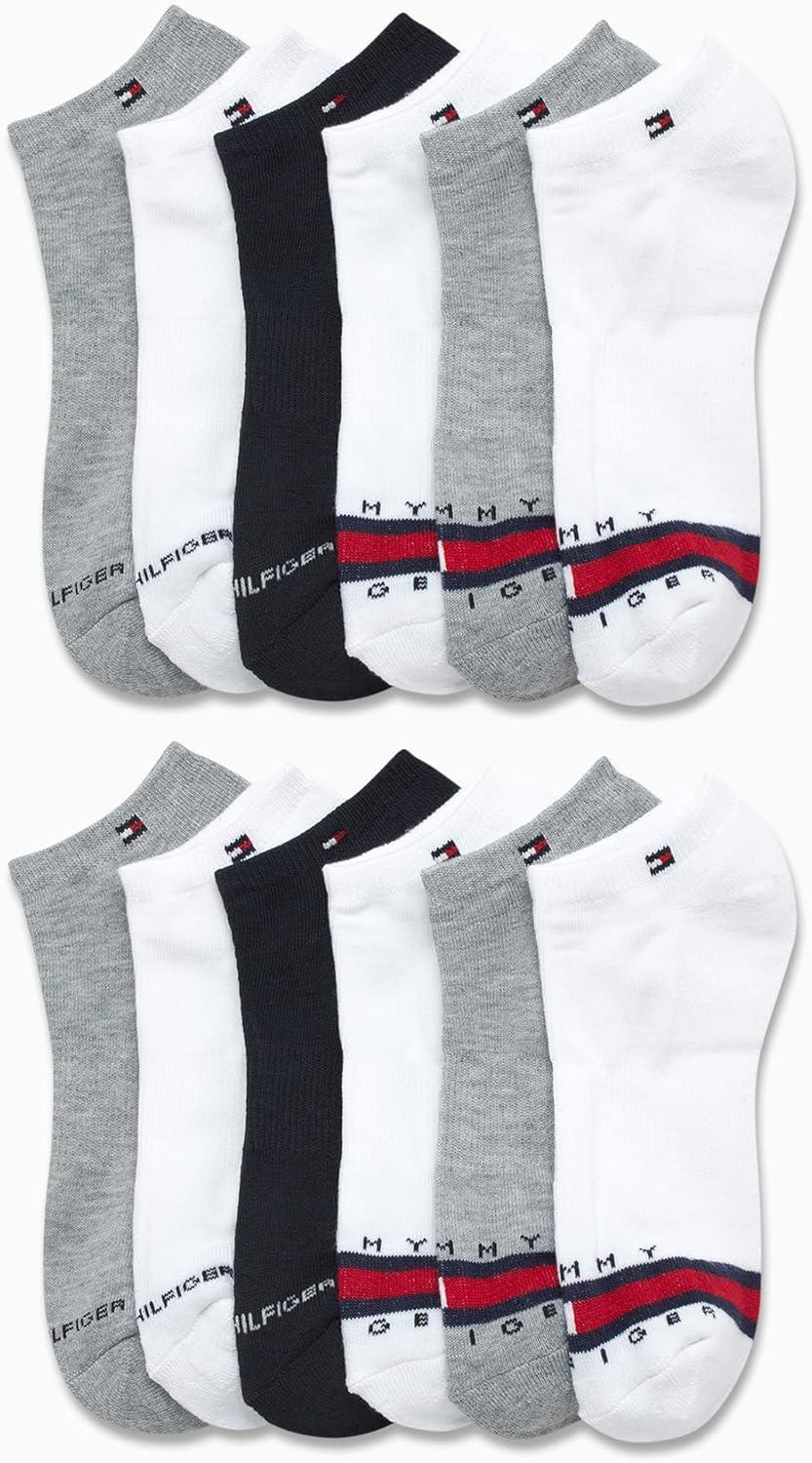 imageTommy Hilfiger Womens No Show Socks 12 Pack Lightweight Athletic Performance Cushioned Low Cut Running Socks for WomenBlueWhiteGrey