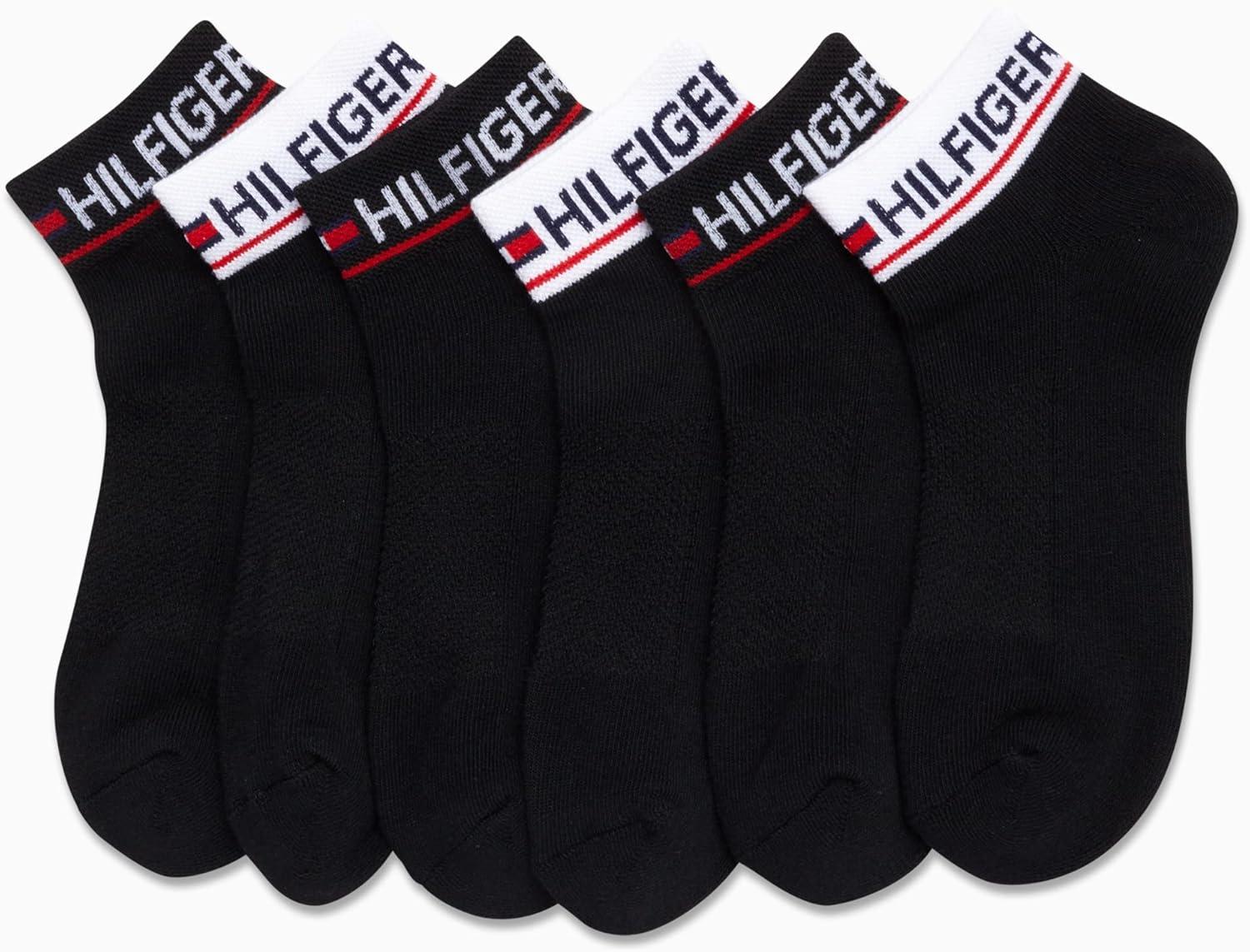 imageTommy Hilfiger Womens Quarter Socks 6 Pack Cotton Blend Cushioned Athletic Ankle Socks for Women for Sports and RunningBlackWhite