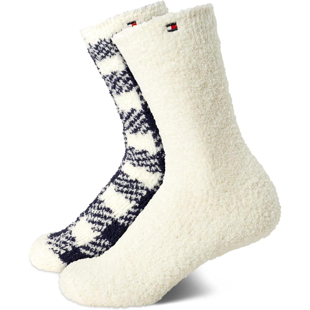 imageTommy Hilfiger Womens Crew Socks 2 Pack Super Soft Cozy Crew Socks for Women Fuzzy Long Socks for Everyday WearCheckeredWhite