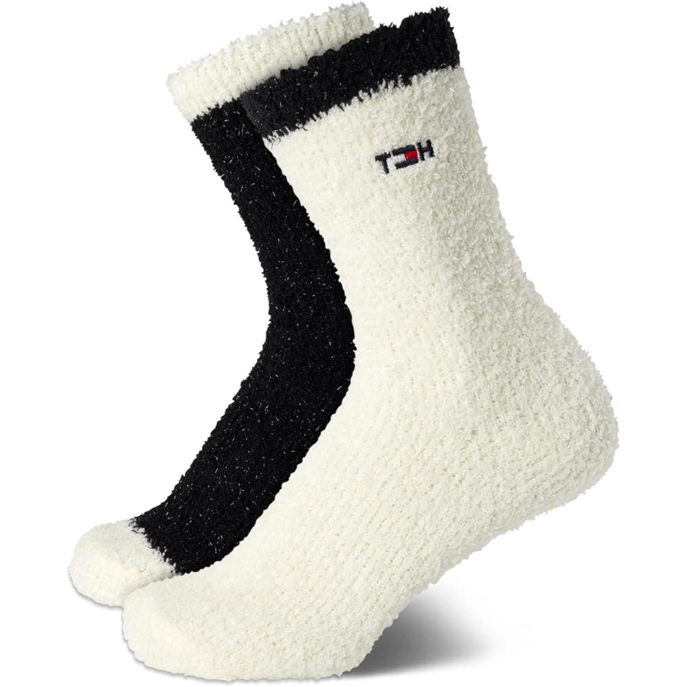 imageTommy Hilfiger Womens Crew Socks 2 Pack Super Soft Cozy Crew Socks for Women Fuzzy Long Socks for Everyday WearIvoryBlack