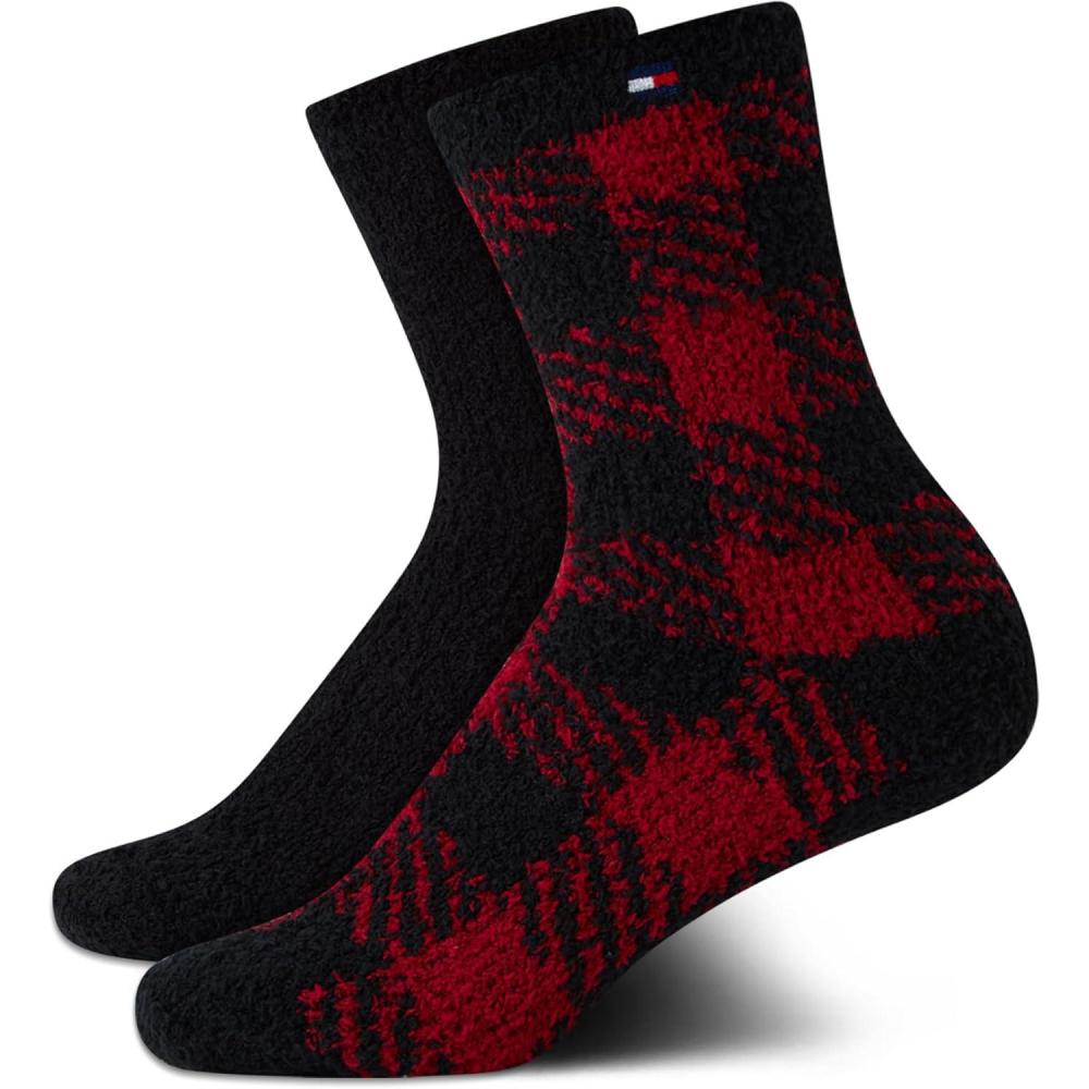 imageTommy Hilfiger Womens Crew Socks 2 Pack Super Soft Cozy Crew Socks for Women Fuzzy Long Socks for Everyday WearRed Check