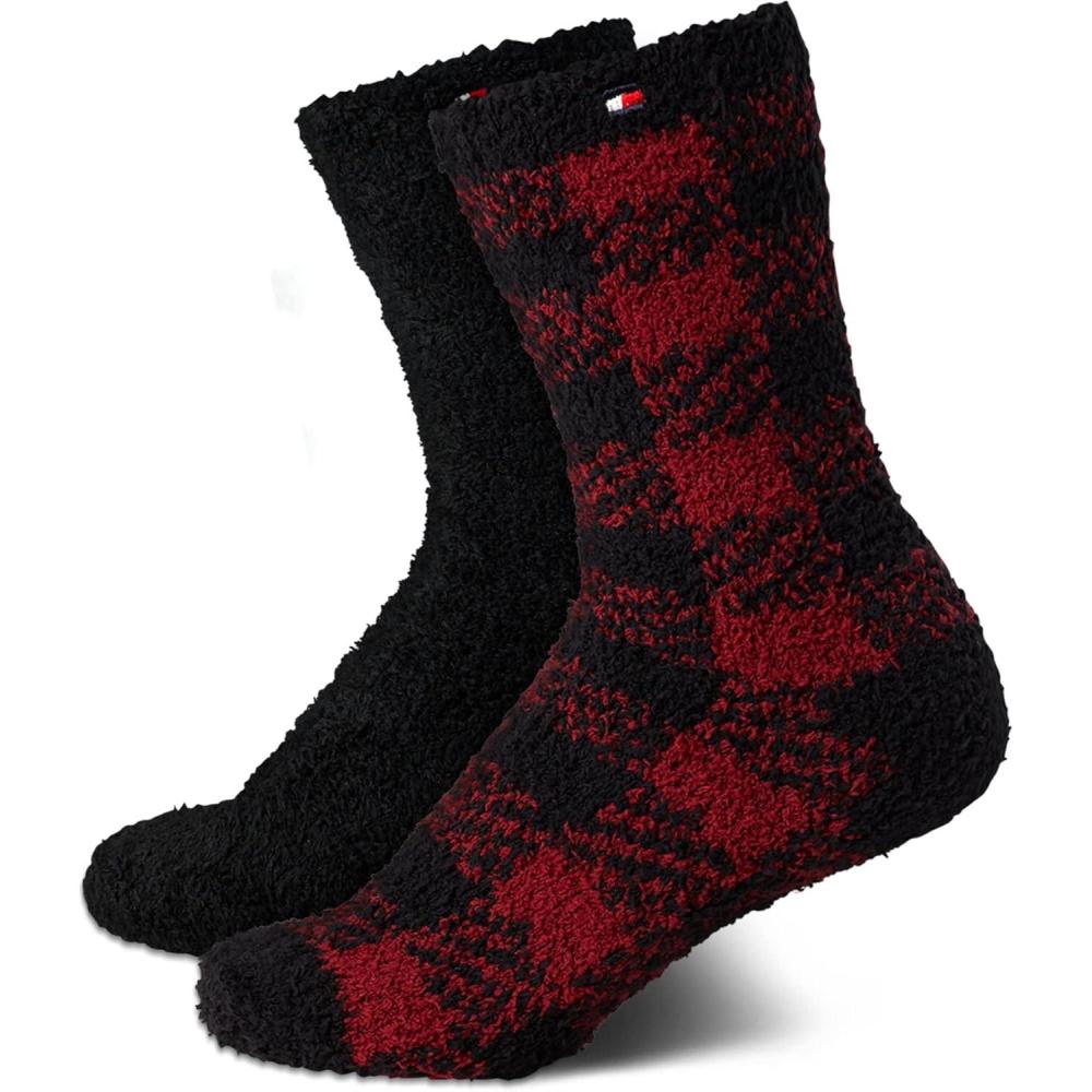 imageTommy Hilfiger Womens Crew Socks  2 Pack Super Soft Cozy Crew Socks for Women Fuzzy Long Socks for Everyday WearRedBlack