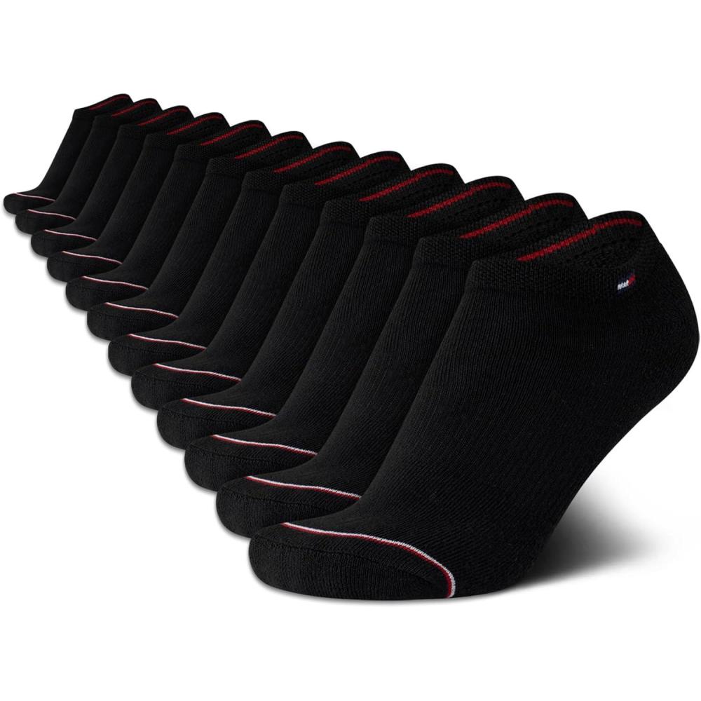 imageTommy Hilfiger Womens No Show Socks 12 Pack Lightweight Athletic Performance Cushioned Low Cut Running Socks for WomenBlack Stripe