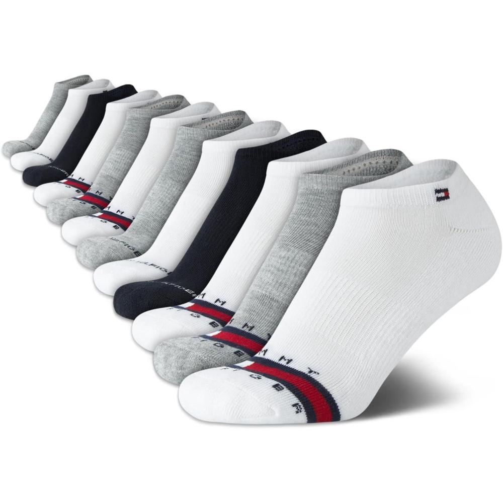 imageTommy Hilfiger Womens No Show Socks  12 Pack Lightweight Athletic Performance Cushioned Low Cut Running Socks for WomenBlueWhiteGrey