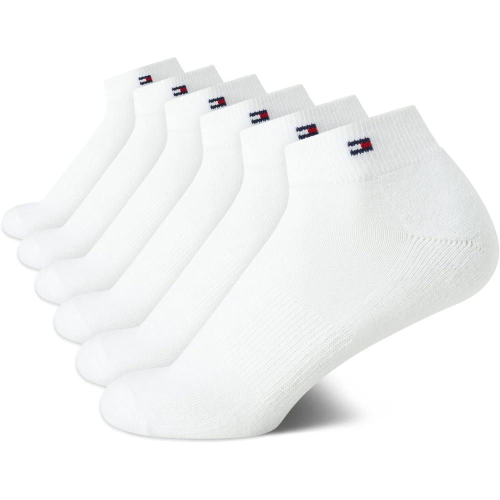 imageTommy Hilfiger Womens Quarter Socks 6 Pack Cotton Blend Cushioned Athletic Ankle Socks for Women for Sports and RunningWhite Logo