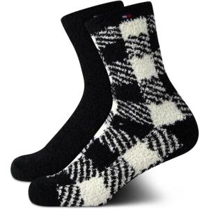 Tommy Hilfiger Womens Crew Socks – 2 Pack Super Soft Cozy Crew Socks for Women, Fuzzy Long Socks for Everyday Wear(Black Check)